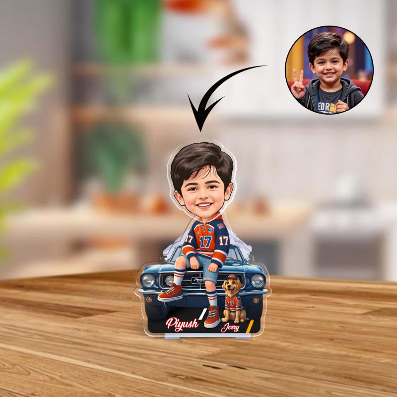 Personalized Bobblehead Caricature with Motorcycle Solar Car Accessories for Dashboard Decor Solar Powered Head Shaking Feature (Customized Boy & Dog Caricature)